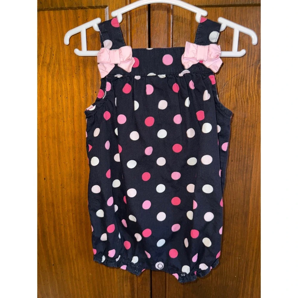 Gymboree Baby Girls Navy Pink Polka Dot Bow Bubble Romper 3-6 Months